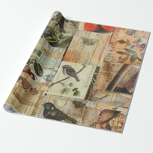 Colourful Birds Antique Newspaper Nature Collage Wrapping Paper