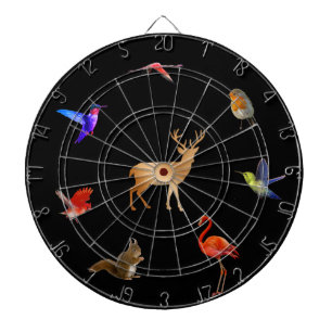Colourful Birds, Deer & Squirrel on Black Dartboard