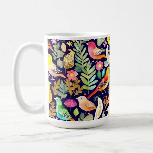 Colourful birds floral pattern blue decor coffee mug (Left)