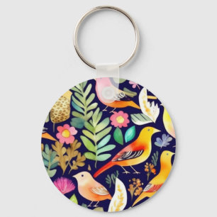 Colourful birds floral pattern blue decor keychain
