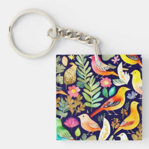 Colourful birds floral pattern blue decor keychain