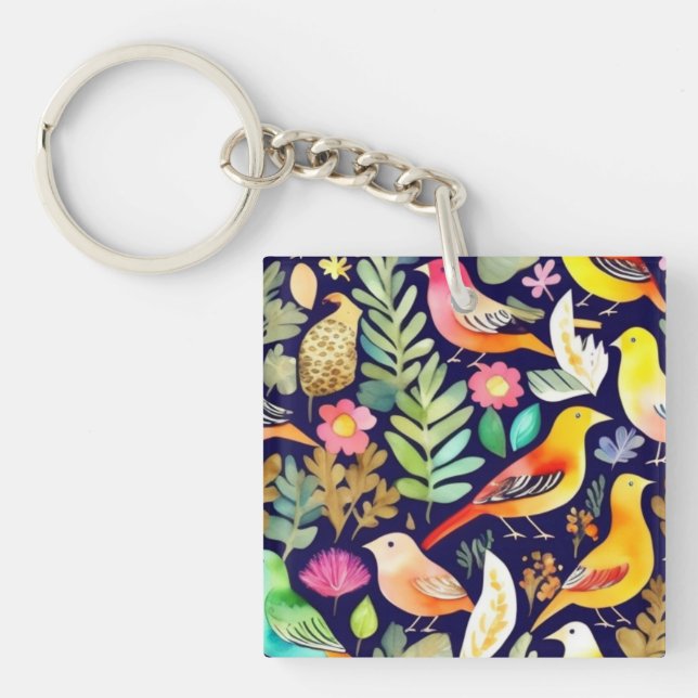 Colourful birds floral pattern blue decor keychain (Front)