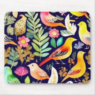 Colourful birds floral pattern blue decor mouse pad