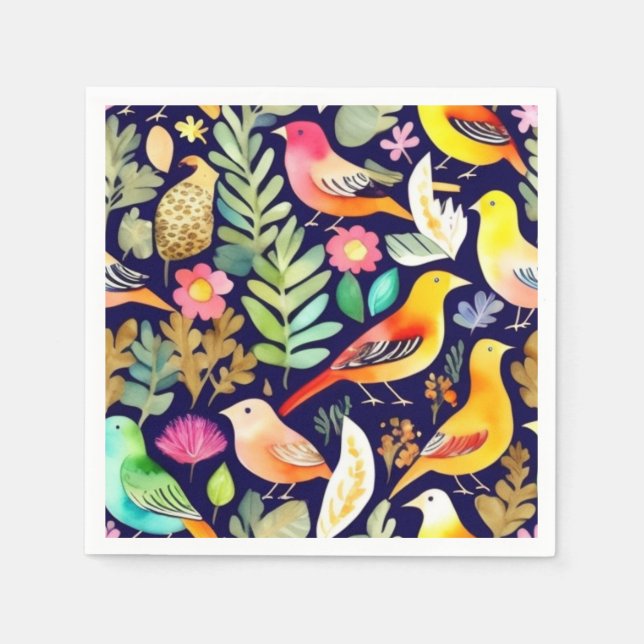 Colourful birds floral pattern blue decor napkin (Front)