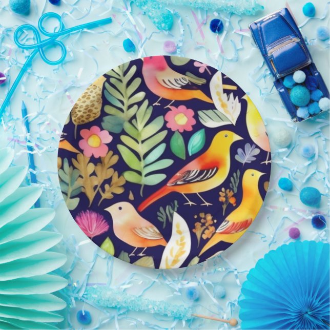 Colourful birds floral pattern blue decor paper plate (Party)