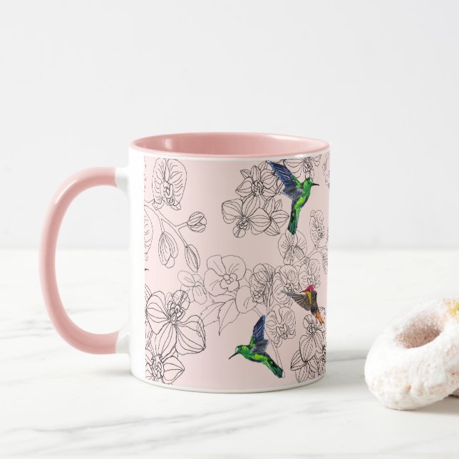 Colourful Birds Flying Mug Orchid Floweers (With Donut)