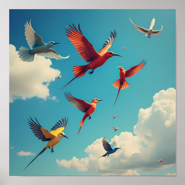 Colourful birds in a blue sky poster (Front)