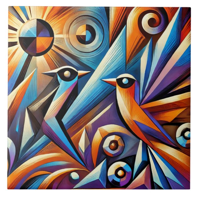Colourful Birds in a Vibrant Geometric Style Tile (Front)