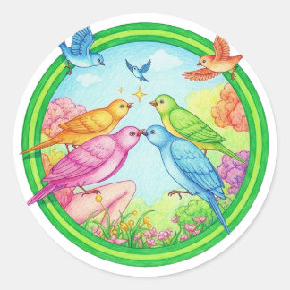 Colourful Birds in Circular Garden Classic Round Sticker