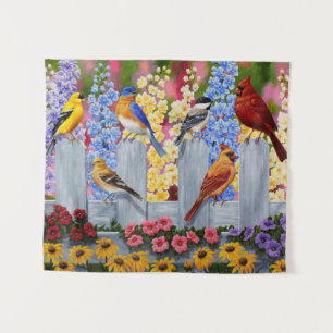 Colourful Birds in Flower Garden Tapestry