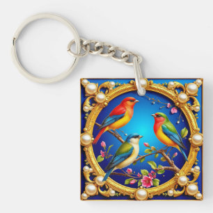 🕊️ Colourful Birds in Golden Frame For Gift 🕊 Keychain
