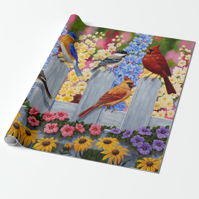 Colourful Birds in Spring Flower Garden Wrapping Paper (Unrolled)