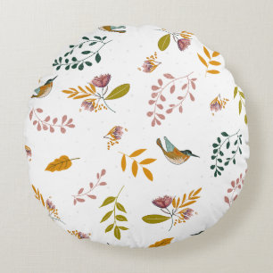 Colourful birds on a floral background round pillow