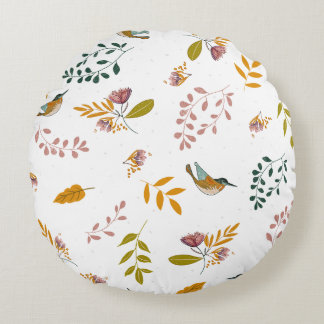Colourful birds on a floral background round pillow