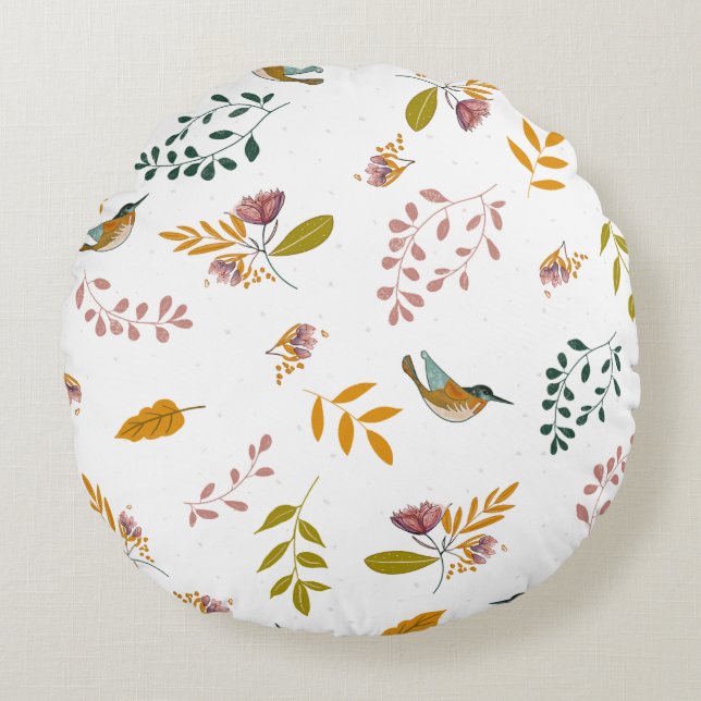 Colourful birds on a floral background round pillow (Front)