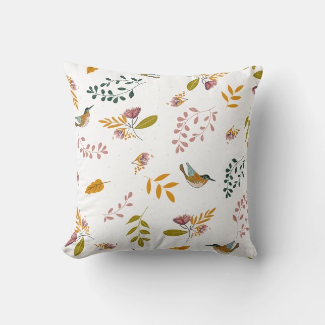 Colourful birds on a floral background throw pillow (Front)