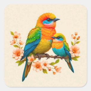 Colourful Birds on Branch Joyful Wildlife Gift 🌈✨ Square Sticker