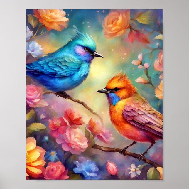 Colourful Birds on Branch Pink Rose Blue Bird 99 Poster (Front)