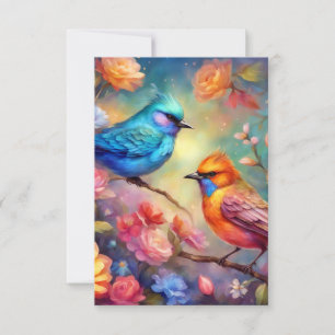 Colourful Birds on Branch Pink Rose Blue Bird 99 Thank You Card