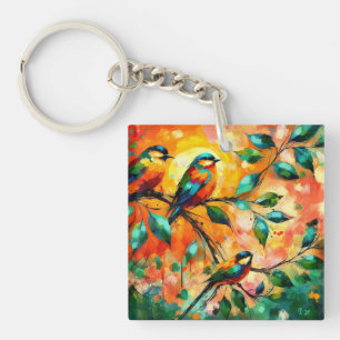 Colourful Birds on Branches Summertime Keychain
