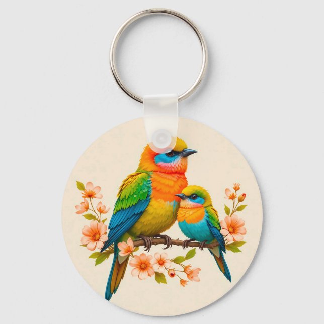 Colourful Birds Perched on a Branch Keychain (Front)