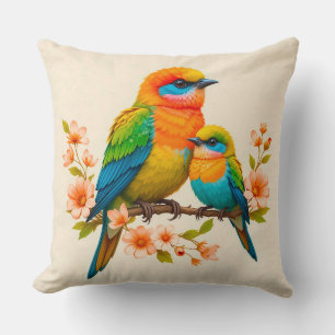 Colourful Birds Perched on a Branch Throw Pillow