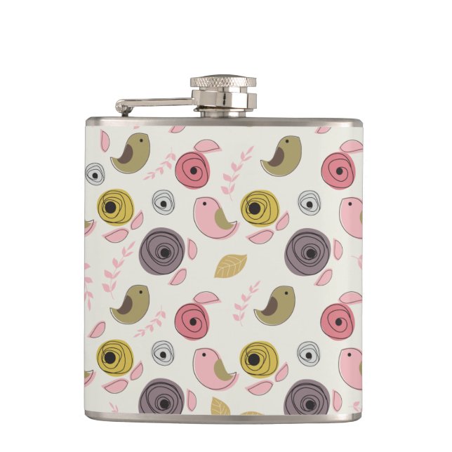 Colourful Birds Pink Green Chicks Girly Hip Flask (Front)