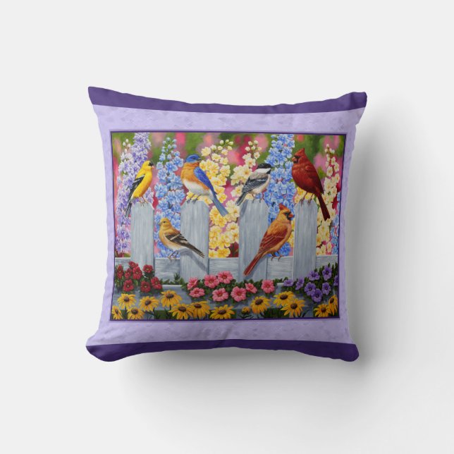 Colourful Birds Spring Garden Purple Throw Pillow (Front)