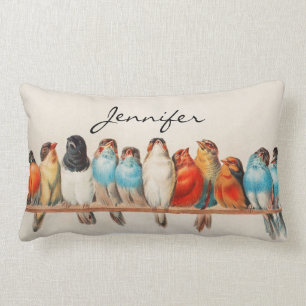 Colourful Birds Vintage Monogram Custom Name  Lumbar Pillow