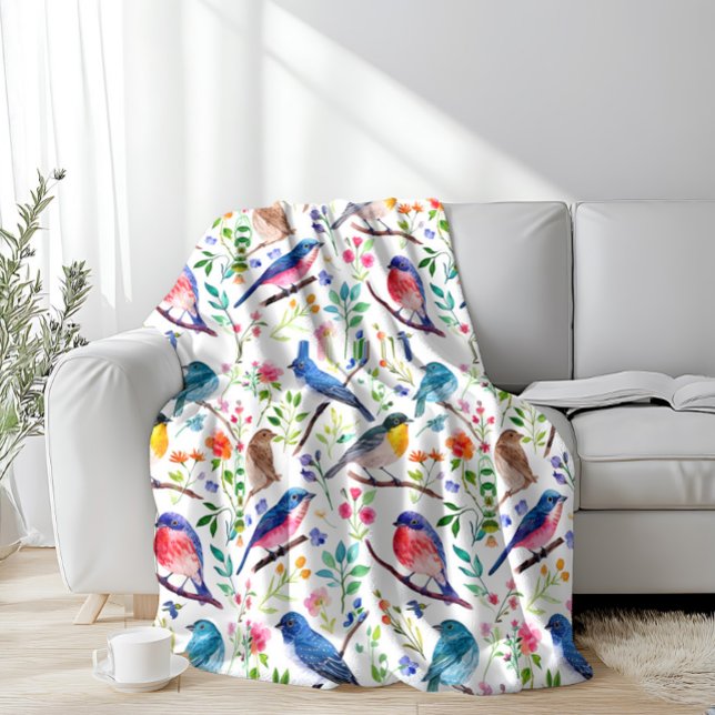 Colourful Birds & Whimsical Flowers Pattern Fleece Blanket (Creator Uploaded)
