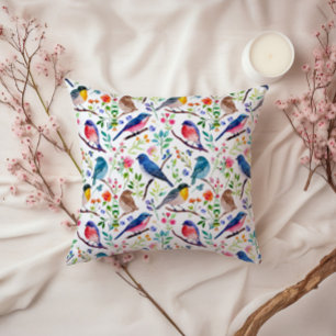 Colourful Birds & Whimsical Flowers Pattern Throw Pillow