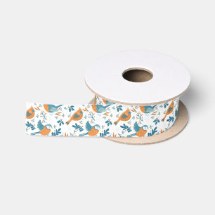 Colourful birds with winter and Christmas symbols Satin Ribbon
