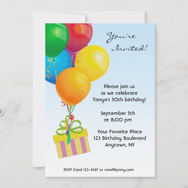 Colourful Birthday Balloons, Gift Invitation (Front)