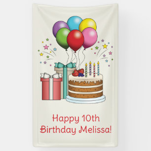 Colourful Birthday Balloons With Cake And Presents Banner
