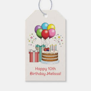 Colourful Birthday Balloons With Cake And Presents Gift Tags