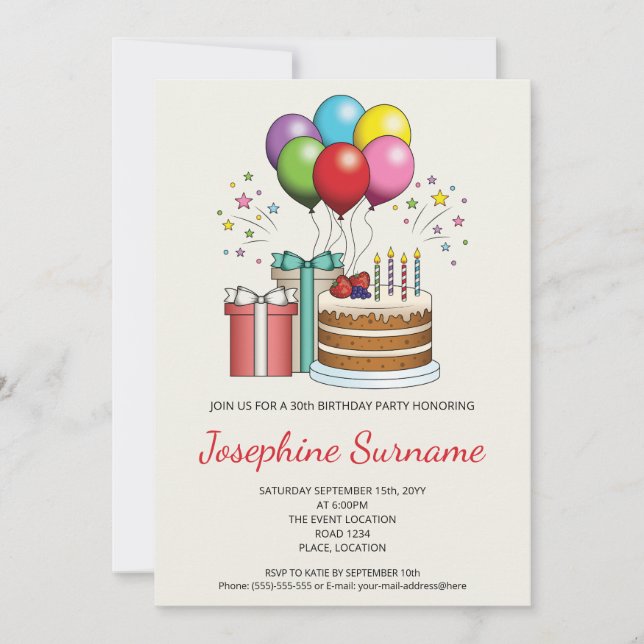 Colourful Birthday Balloons With Cake And Presents Invitation (Front)