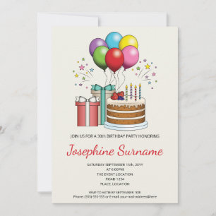 Colourful Birthday Balloons With Cake And Presents Invitation
