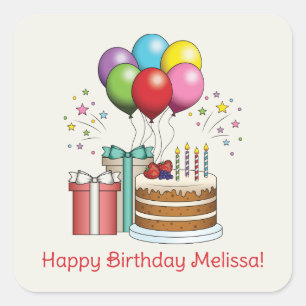 Colourful Birthday Balloons With Cake And Presents Square Sticker