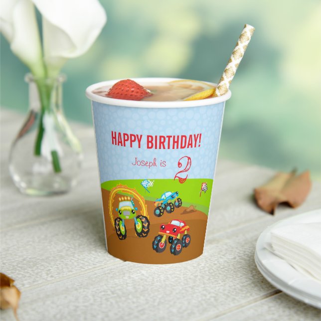 Colourful Birthday Boy Monster Trucks with Name Ag Paper Cups (Insitu)