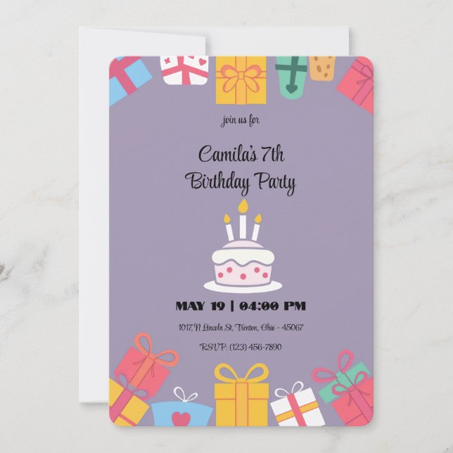 Colourful Birthday Cake and Presents Invitation (Front)