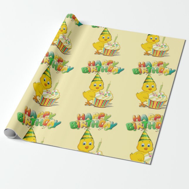 Colourful Birthday Chicken Cartoon Wrapping Paper (Unrolled)