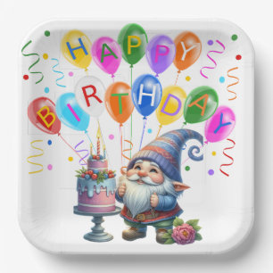 Colourful Birthday Gnome Paper Plate
