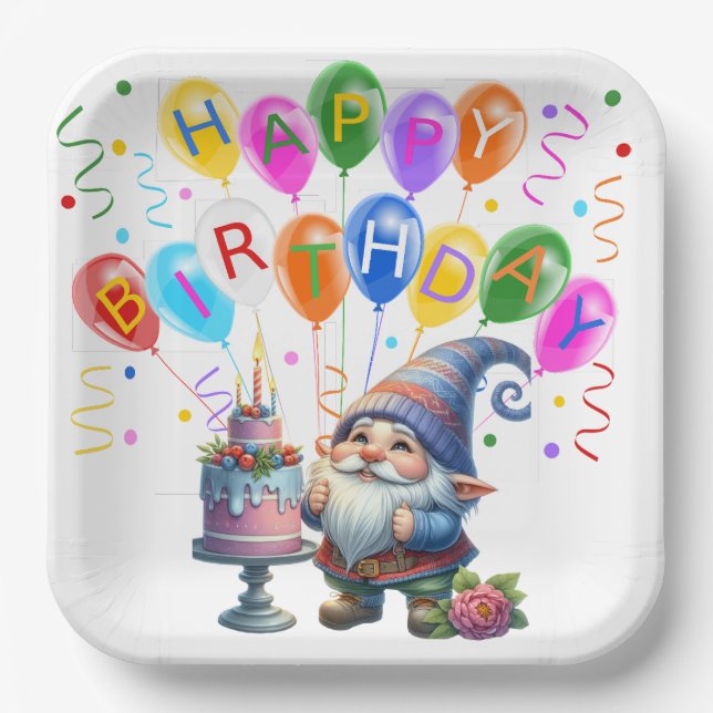 Colourful Birthday Gnome Paper Plate (Front)