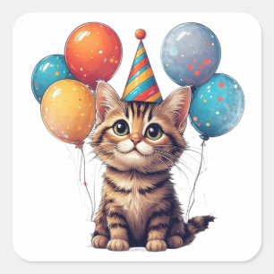 Colourful Birthday Kitten With Balloons  Square Sticker