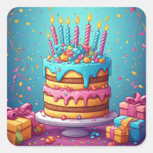 🎂 Colourful Birthday Party Cake And Presents 🎁 Square Sticker