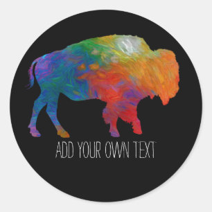 colourful bison art add your own text on black classic round sticker