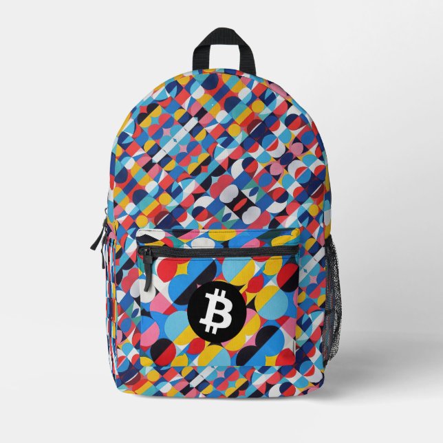 Colourful Bitcoin Pattern Printed Backpack (Front)