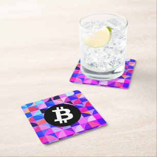 Colourful Bitcoin Pattern Square Paper Coaster