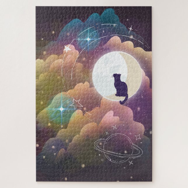 Colourful Black Cat Crescent Moon Jigsaw Puzzle (Vertical)