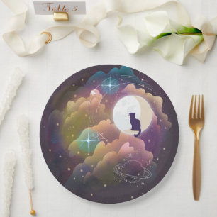 Colourful Black Cat Crescent Moon Paper Plate